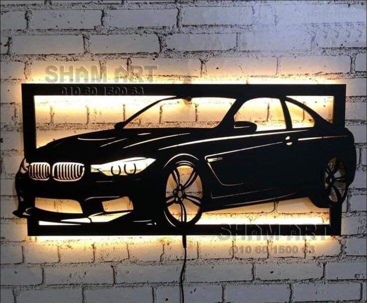 BMW Metal LED Art, a finished metal car art piece on a wall